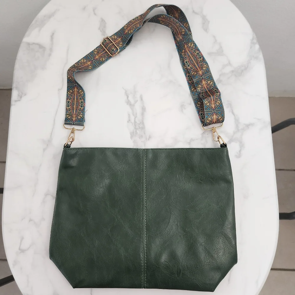 Unisex Army Green Tote Bag with Patterned Boho Strap - Picture 9 of 16